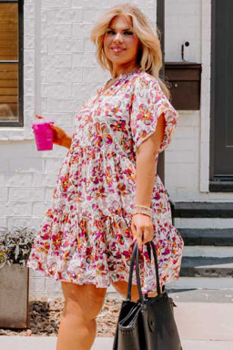 Plus Size White Abstract Print V Neck Short Sleeve Ruffled  Mini Dress