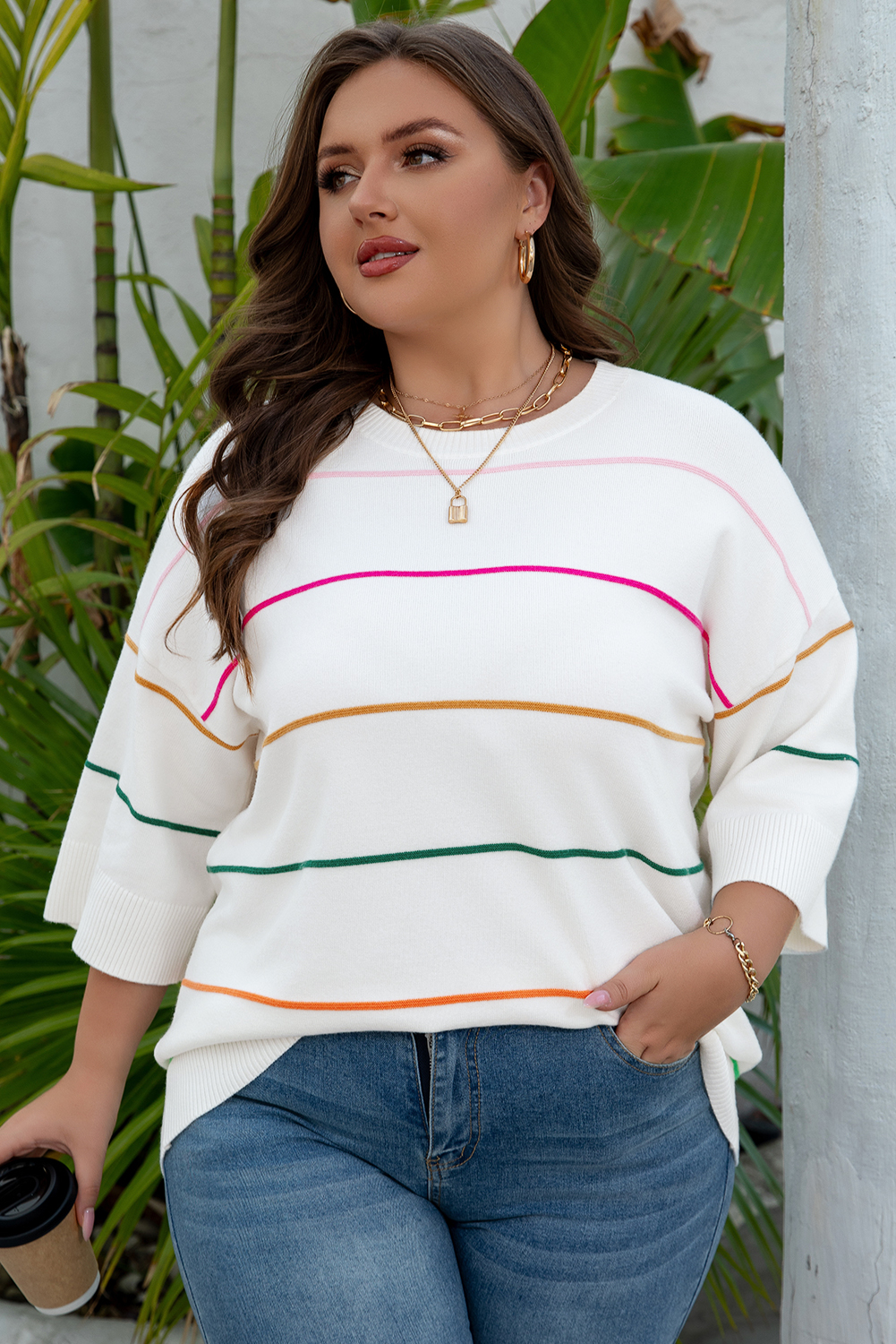 White Colorblock Striped Half Sleeve Drop Shoulder Sweater