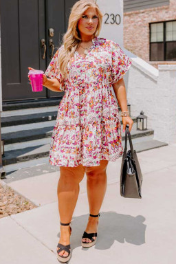 Plus Size White Abstract Print V Neck Short Sleeve Ruffled  Mini Dress