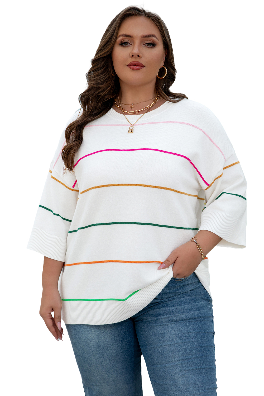 White Colorblock Striped Half Sleeve Drop Shoulder Sweater