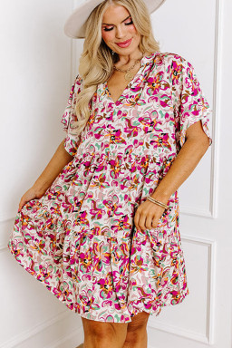 Plus Size White Abstract Print V Neck Short Sleeve Ruffled  Mini Dress