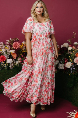 Plus Size Pink  Floral Square Neck Puff Sleeve Ruffle Maxi Dress