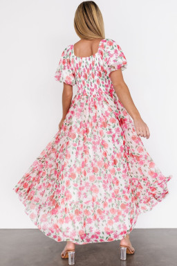 Plus Size Pink  Floral Square Neck Puff Sleeve Ruffle Maxi Dress