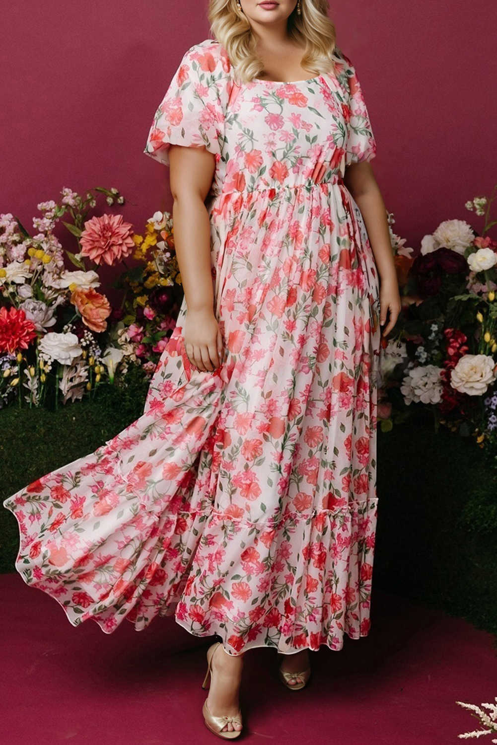 Plus Size Pink  Floral Square Neck Puff Sleeve Ruffle Maxi Dress