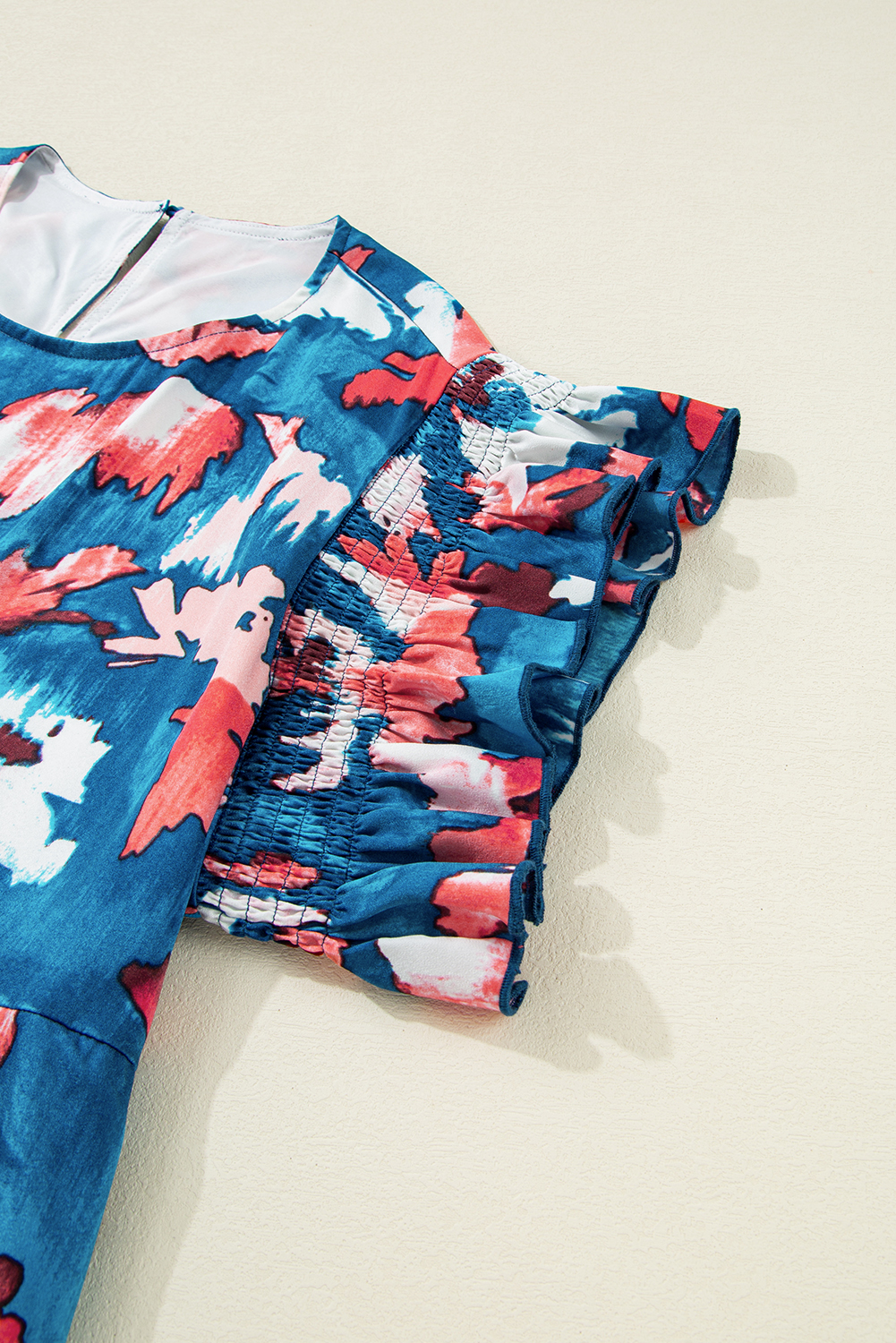 Plus Size Blue Abstract Print Shirred Ruffled Short Sleeve Tiered  Mini Dress