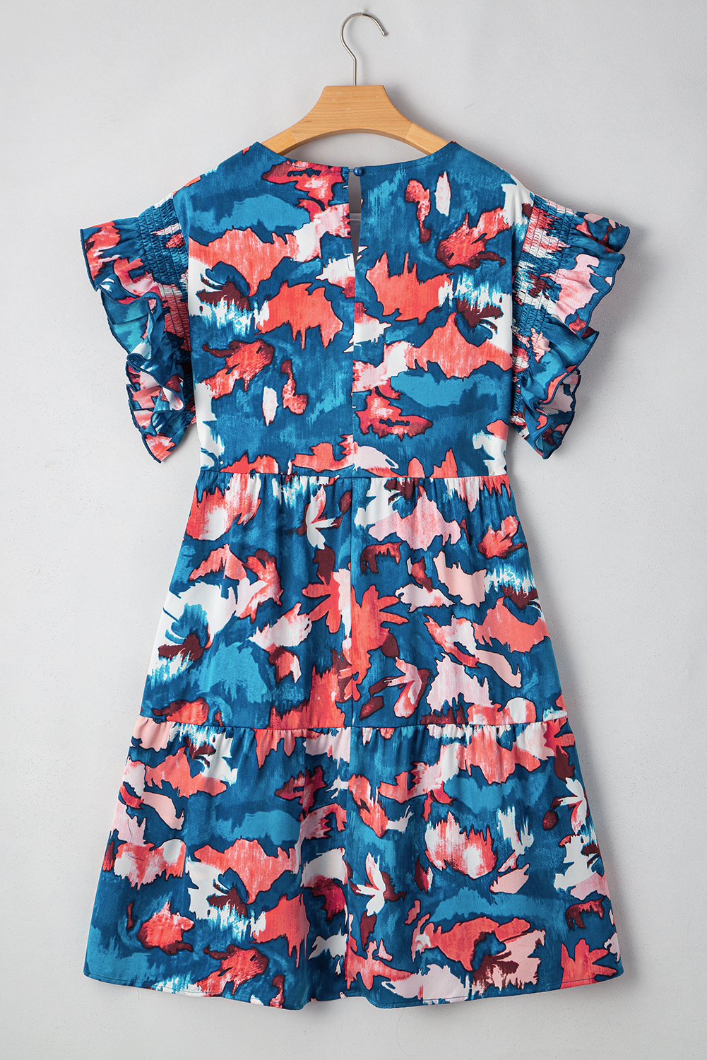 Plus Size Blue Abstract Print Shirred Ruffled Short Sleeve Tiered  Mini Dress