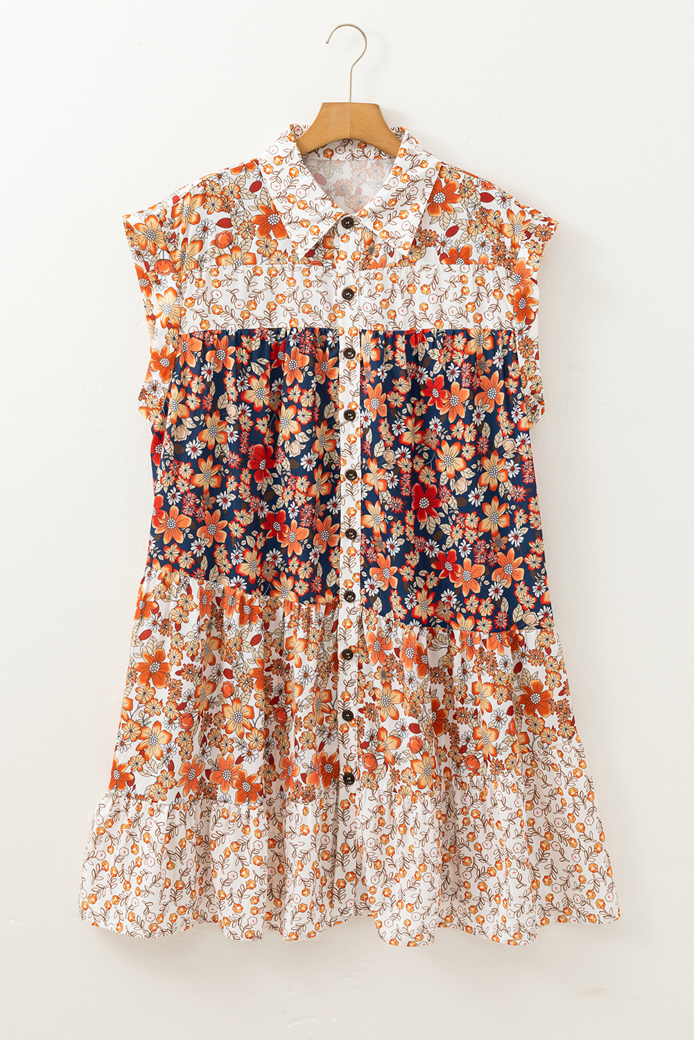 Plus Size Beige  Floral Patchwork Button Front Collared Mini Dress