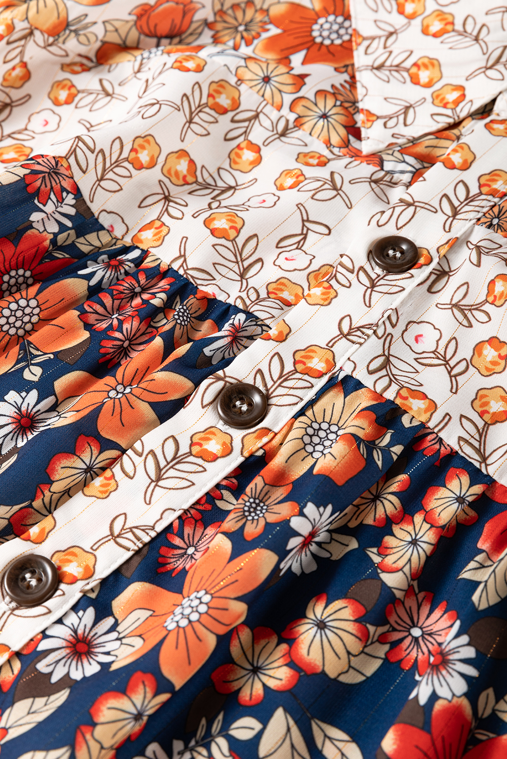 Plus Size Beige  Floral Patchwork Button Front Collared Mini Dress