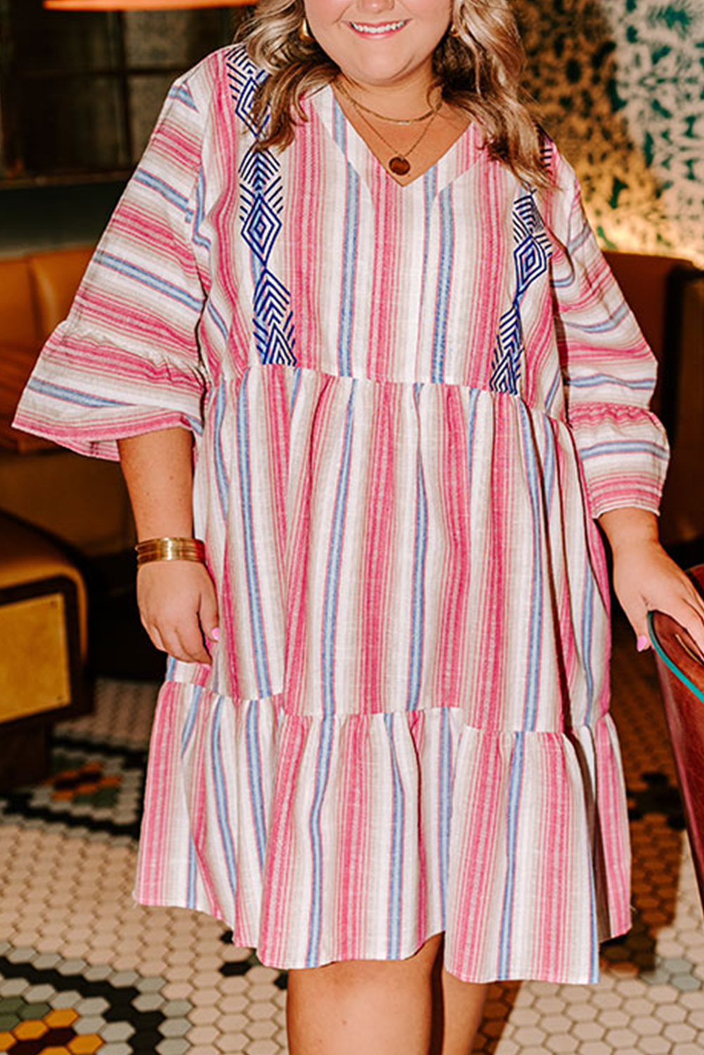 Plus Size White Stripe  Embroidered Detail Flared 3/4 Sleeve V Neck Dress