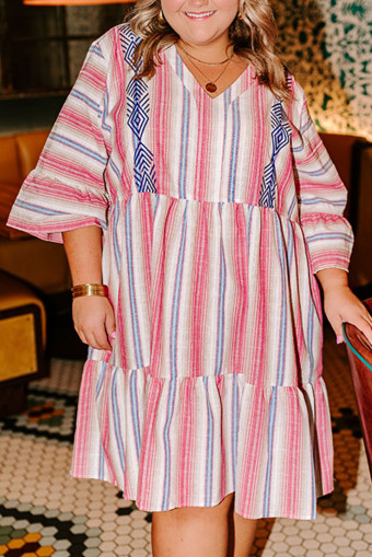 Plus Size White Stripe  Embroidered Detail Flared 3/4 Sleeve V Neck Dress