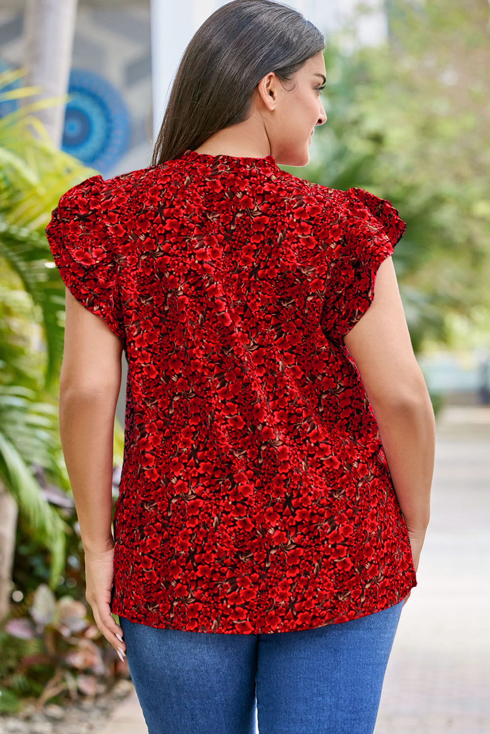 Plus Size Fiery Red Rose Floral Print Ruffle Sleeve  Shift Top