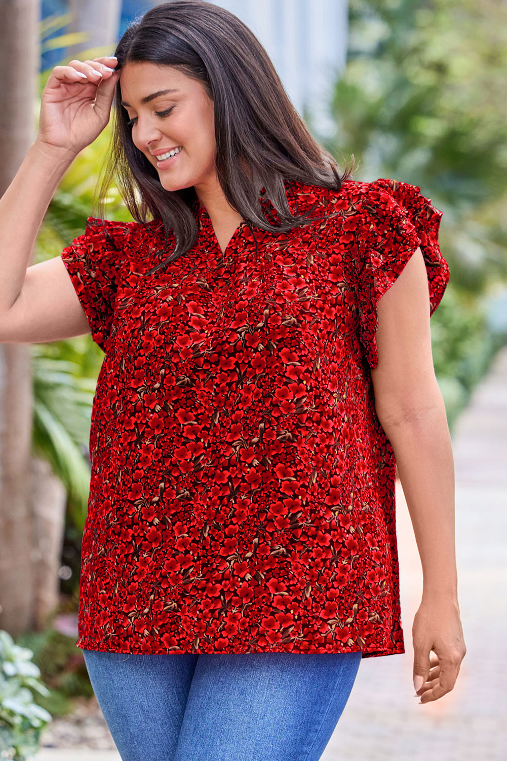 Plus Size Fiery Red Rose Floral Print Ruffle Sleeve  Shift Top