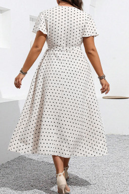 Plus Size Khaki Polka Dot Surplice V Neck Tied Waist Flutter Sleeve Flowy  Midi Dress