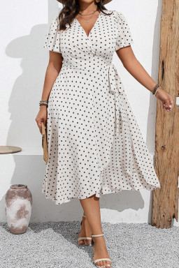 Plus Size Khaki Polka Dot Surplice V Neck Tied Waist Flutter Sleeve Flowy  Midi Dress