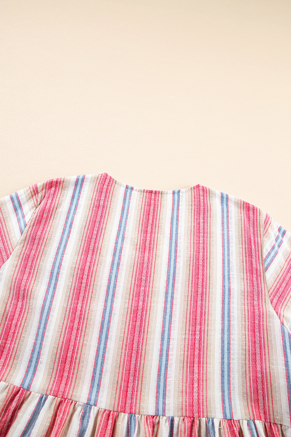 Plus Size White Stripe  Embroidered Detail Flared 3/4 Sleeve V Neck Dress