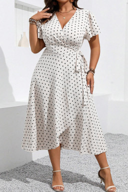 Plus Size Khaki Polka Dot Surplice V Neck Tied Waist Flutter Sleeve Flowy  Midi Dress