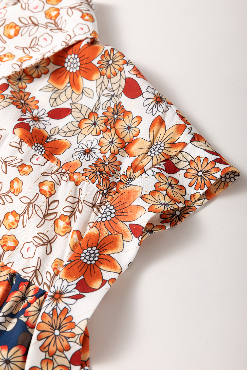 Plus Size Beige  Floral Patchwork Button Front Collared Mini Dress