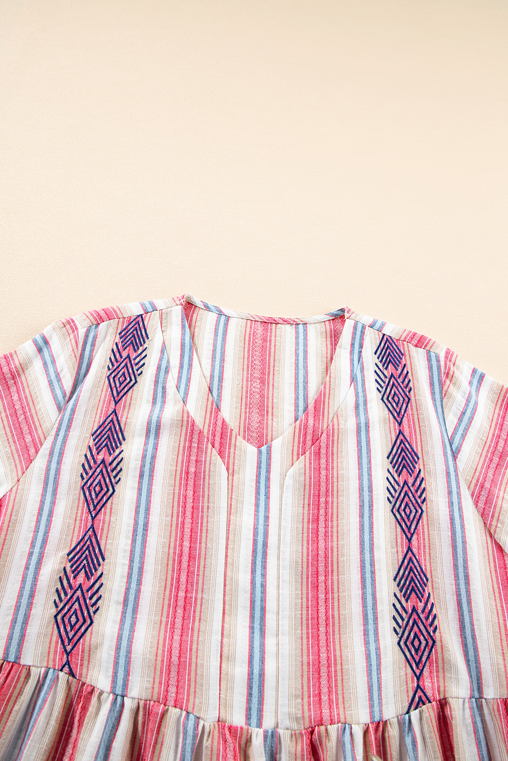 Plus Size White Stripe  Embroidered Detail Flared 3/4 Sleeve V Neck Dress