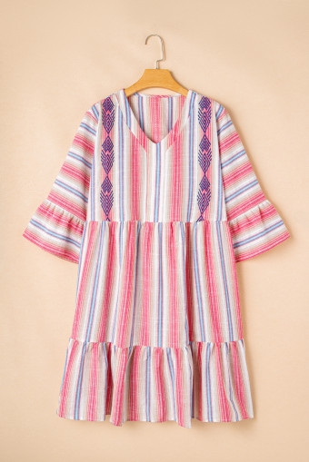 Plus Size White Stripe  Embroidered Detail Flared 3/4 Sleeve V Neck Dress