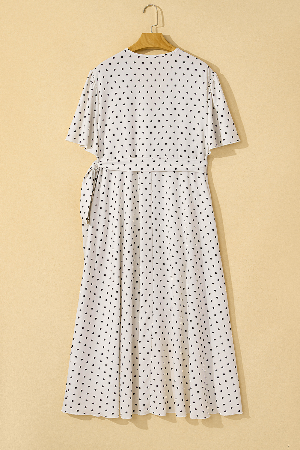 Plus Size Khaki Polka Dot Surplice V Neck Tied Waist Flutter Sleeve Flowy  Midi Dress