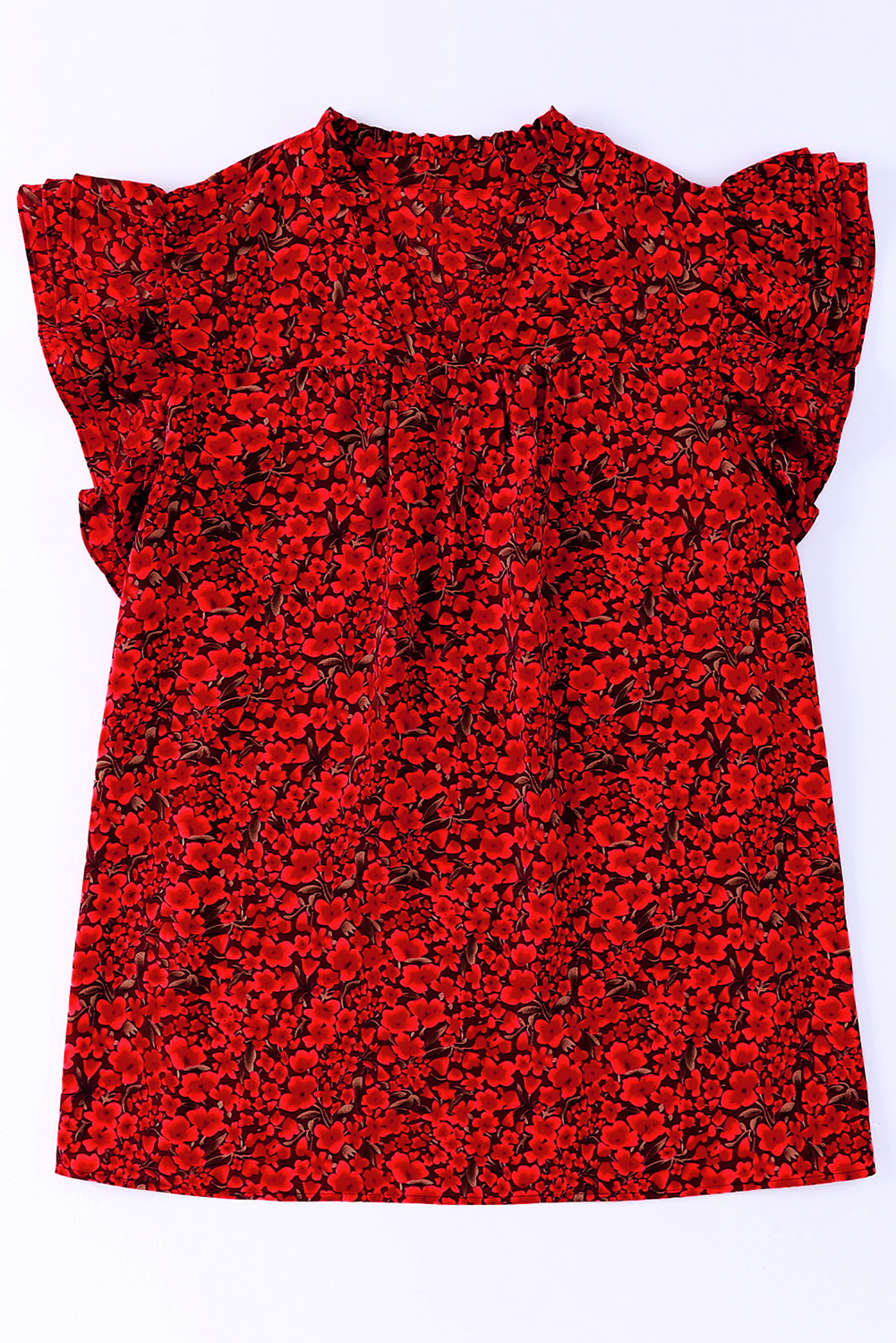 Plus Size Fiery Red Rose Floral Print Ruffle Sleeve  Shift Top