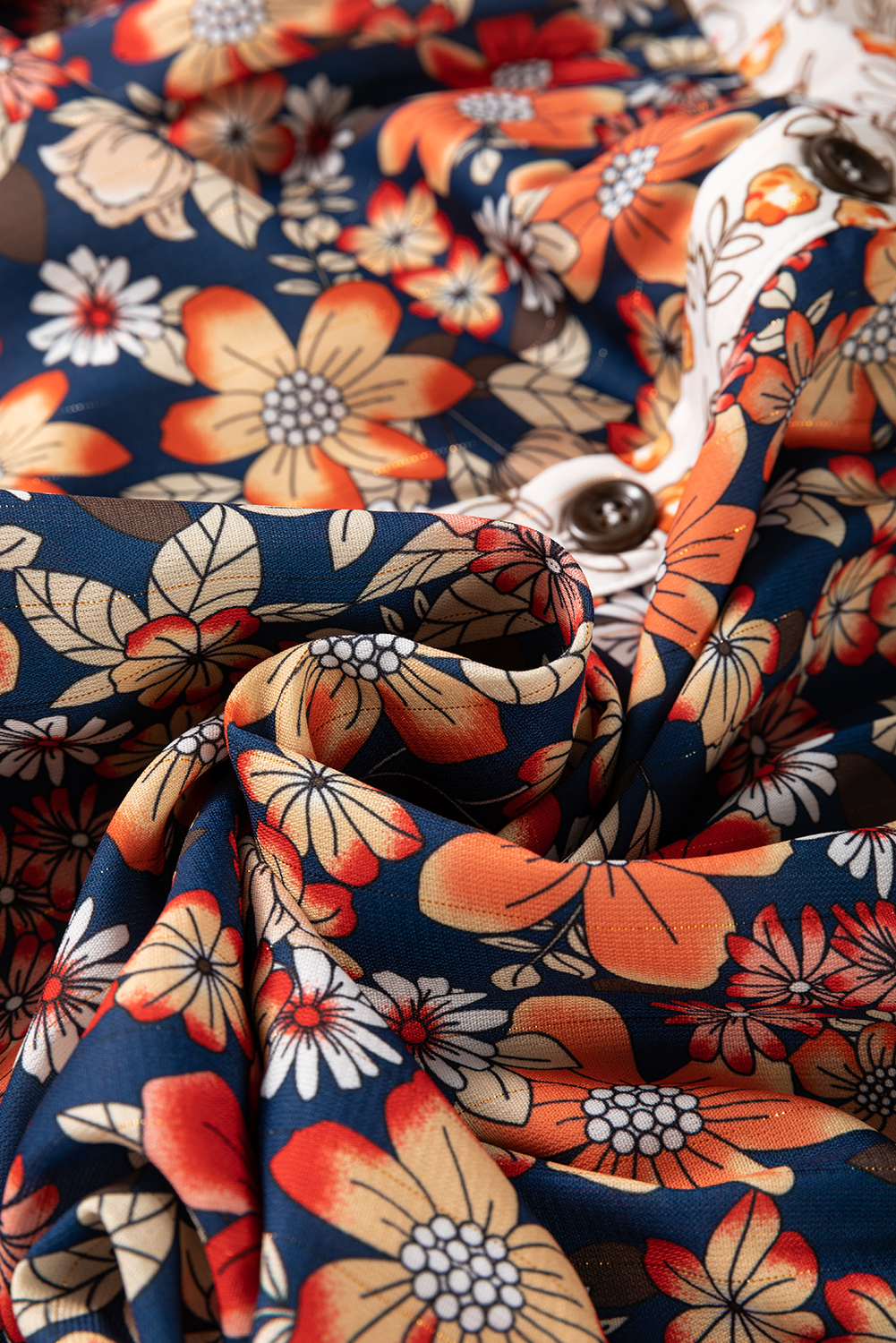 Plus Size Beige  Floral Patchwork Button Front Collared Mini Dress