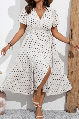 Plus Size Khaki Polka Dot Surplice V Neck Tied Waist Flutter Sleeve Flowy  Midi Dress