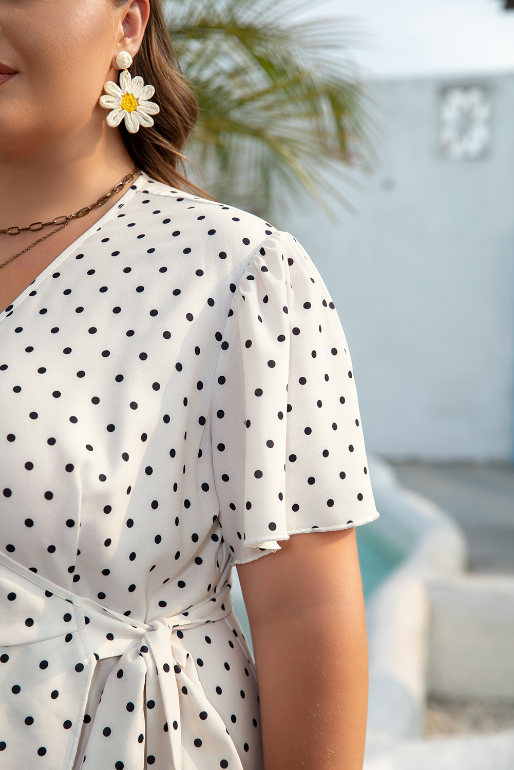 Plus Size Khaki Polka Dot Surplice V Neck Tied Waist Flutter Sleeve Flowy  Midi Dress