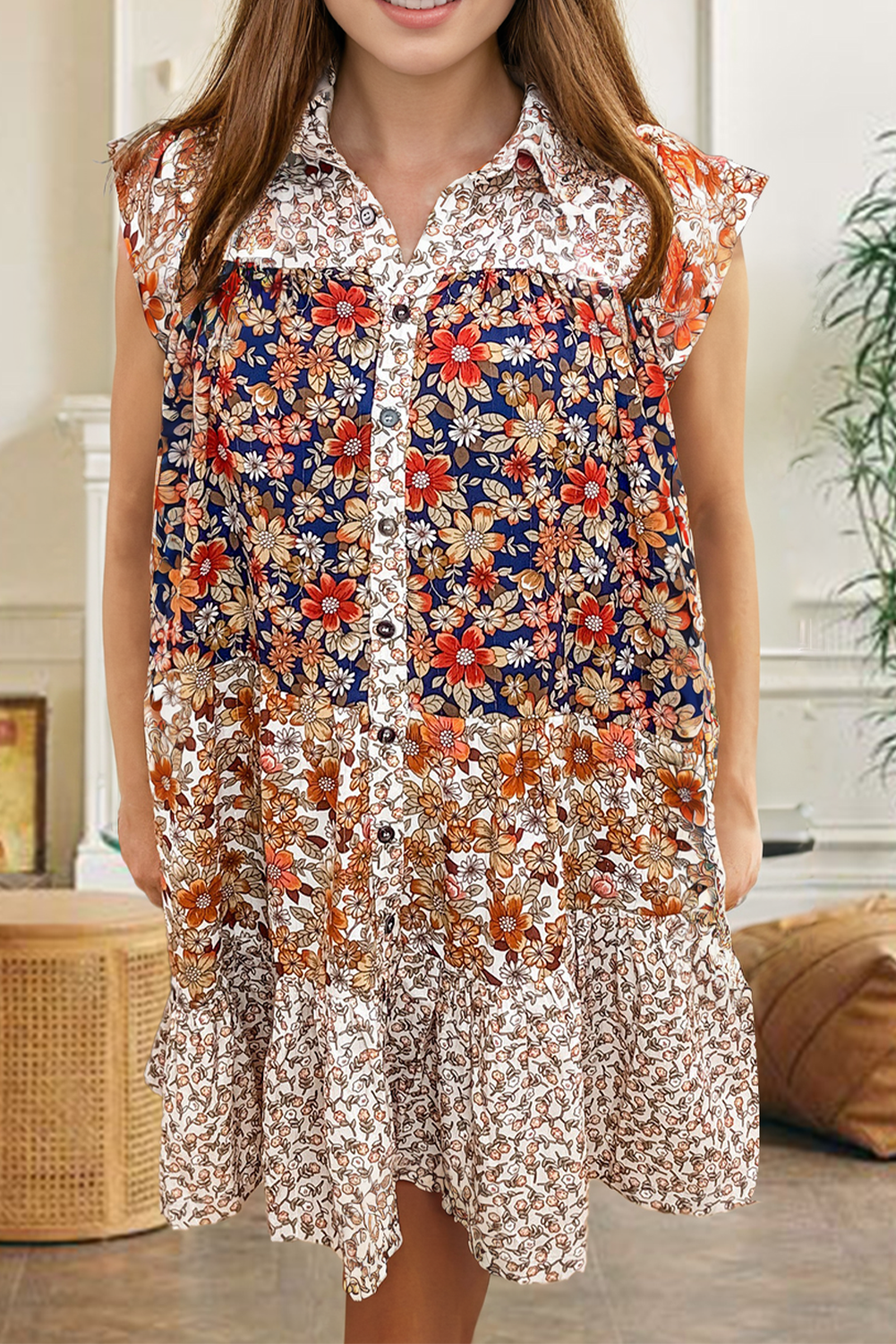 Plus Size Beige  Floral Patchwork Button Front Collared Mini Dress