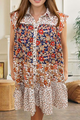 Plus Size Beige  Floral Patchwork Button Front Collared Mini Dress