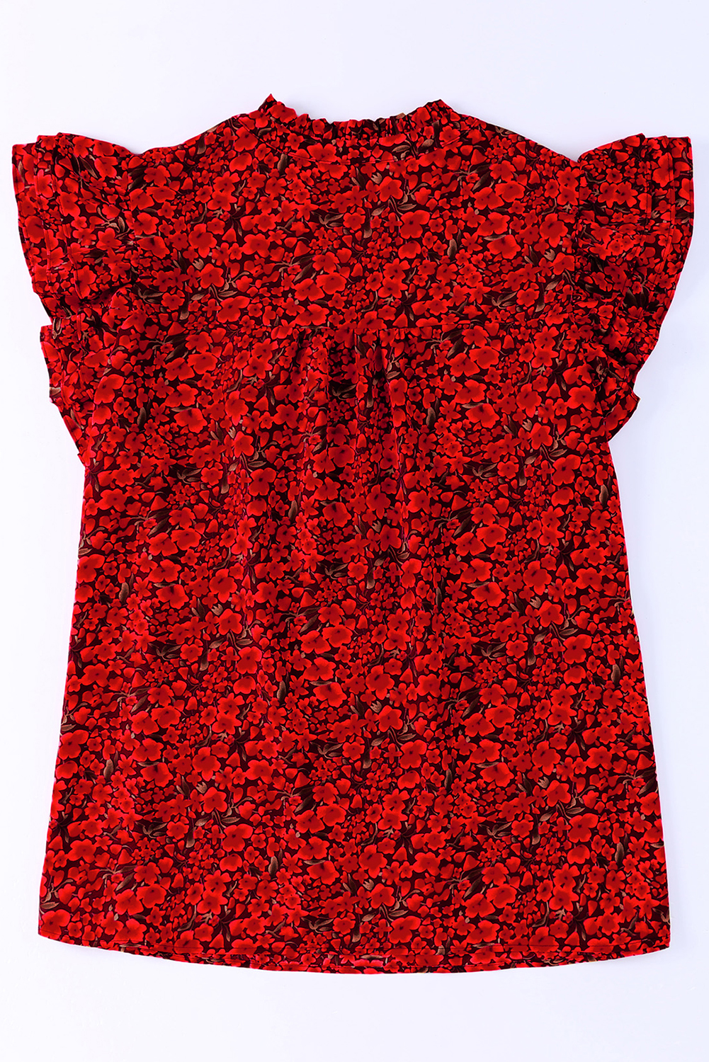 Plus Size Fiery Red Rose Floral Print Ruffle Sleeve  Shift Top