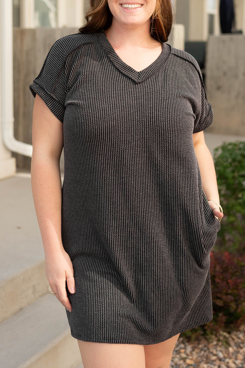 Plus Size Carbon Grey Corded V Neck  T Shirt Dress with Pockets