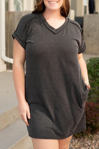 Plus Size Carbon Grey Corded V Neck  T Shirt Dress with Pockets