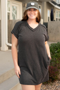 Plus Size Carbon Grey Corded V Neck  T Shirt Dress with Pockets