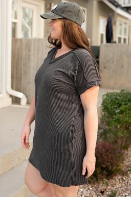 large Size Carbon Grey Corded V Neck  T Shirt Dress with Pockets