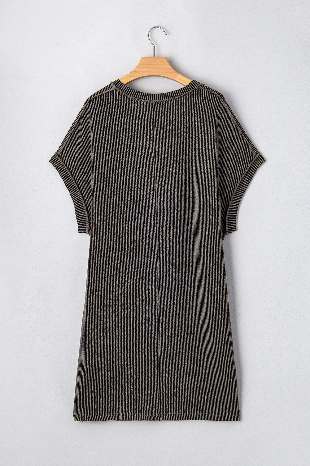 Plus Size Carbon Grey Corded V Neck  T Shirt Dress with Pockets