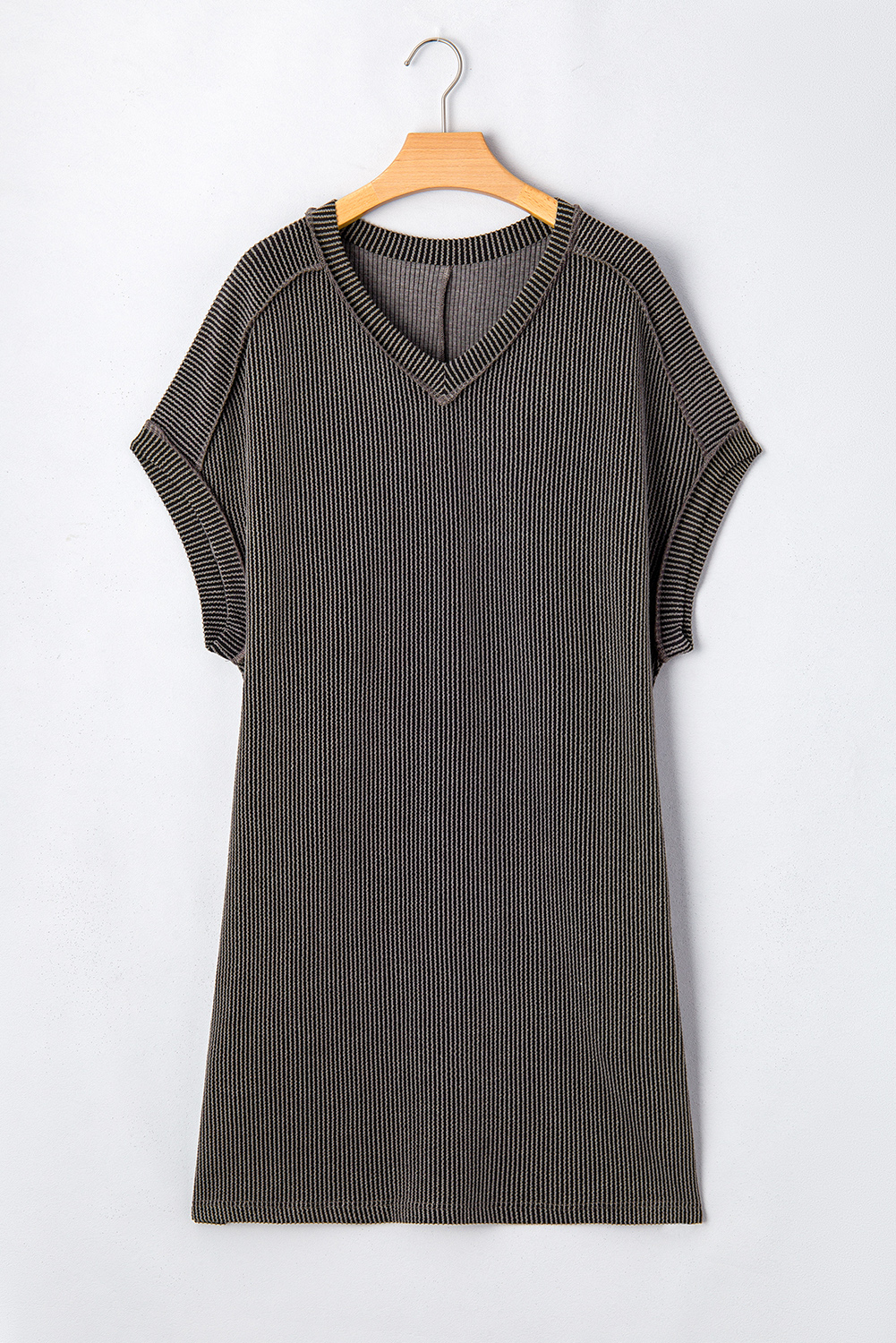 Plus Size Carbon Grey Corded V Neck  T Shirt Dress with Pockets