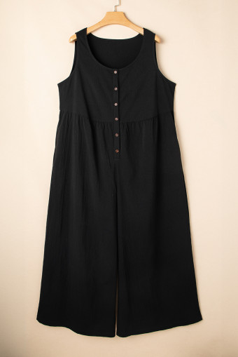 Plus Size Black  Sleeveless Button Front Loose Jumpsuit