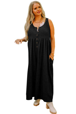 Plus Size Black  Sleeveless Button Front Loose Jumpsuit