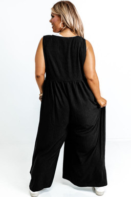 Plus Black Sleeveless Button Front Loose Jumpsuit