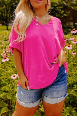 Plus Size Bright Pink Seamed Back High Low Hem V Neck Cuffed Sleeve  Tee