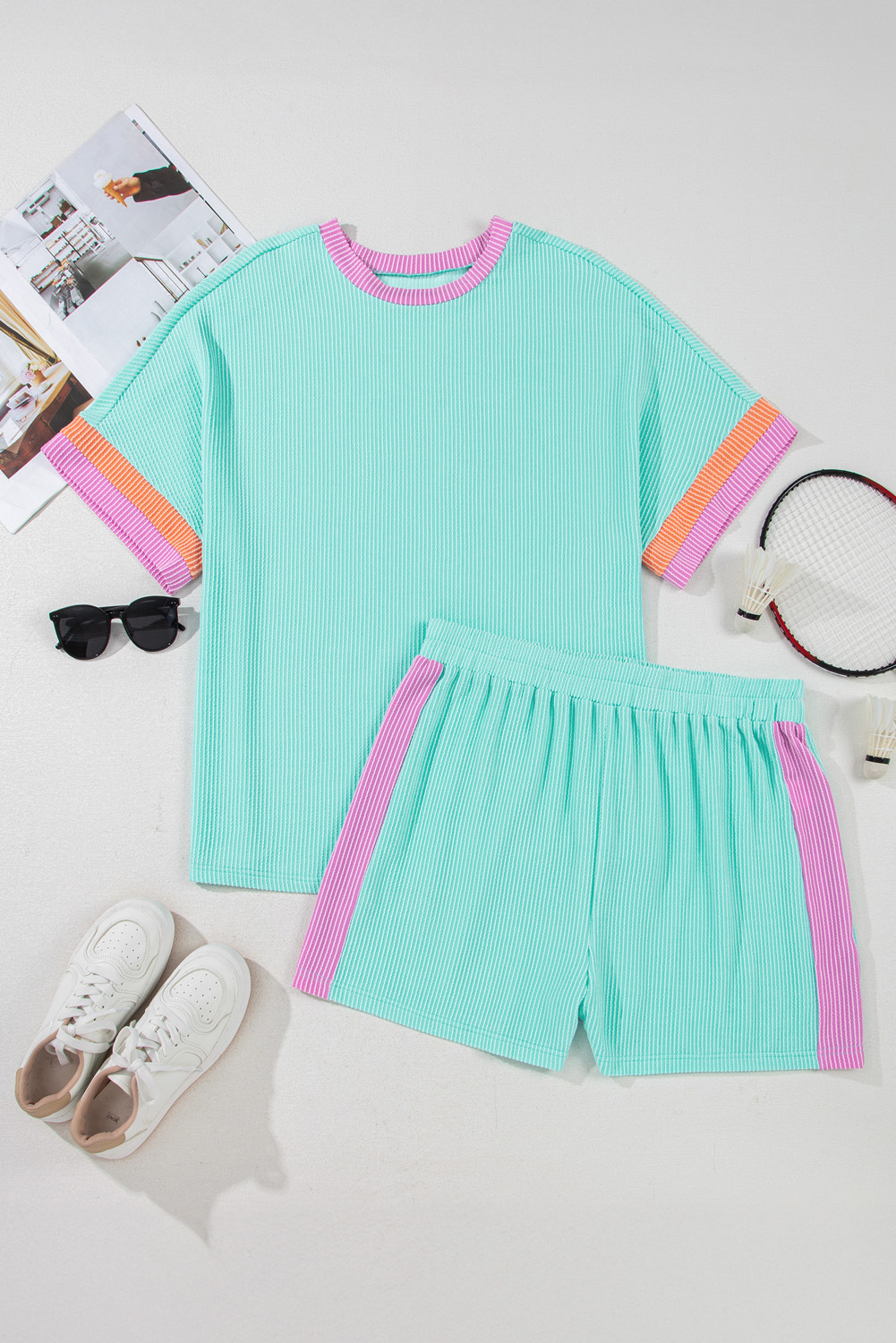 Plus Size Light Blue  Color Block Corded Knit Tee and Shorts Set