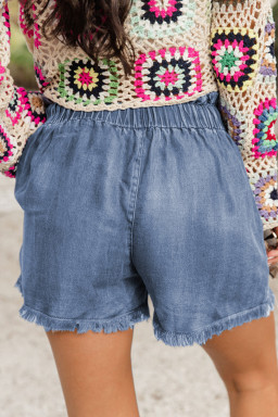 Plus Dusk Blue Raw Hem Lace-up High Waist  Denim Shorts