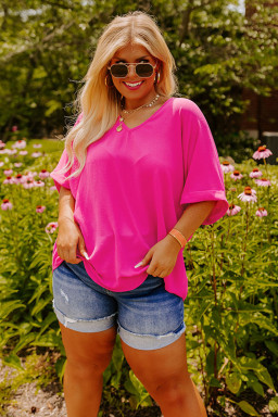 large Size Bright Pink Seamed Back High Low Hem V Neck Cuffed Sleeve  Tee