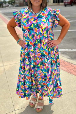 Plus Size Blue Geometric Print Ruffled Short Sleeve  Tiered Maxi Dress