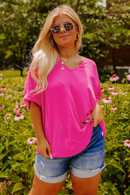 Plus Size Bright Pink Seamed Back High Low Hem V Neck Cuffed Sleeve  Tee