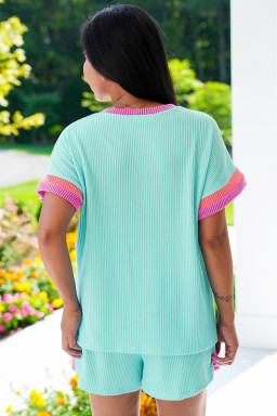 Plus Light Blue  Color Block Corded Knit Tee and Shorts Set