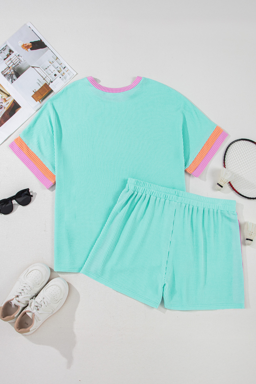 Plus Size Light Blue  Color Block Corded Knit Tee and Shorts Set