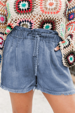 Plus Size Dusk Blue Raw Hem Lace-up High Waist  Denim Shorts