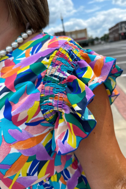 Large Size Curve Blue Geometric Print Ruffled Short Sleeve  Tiered Maxi Dress